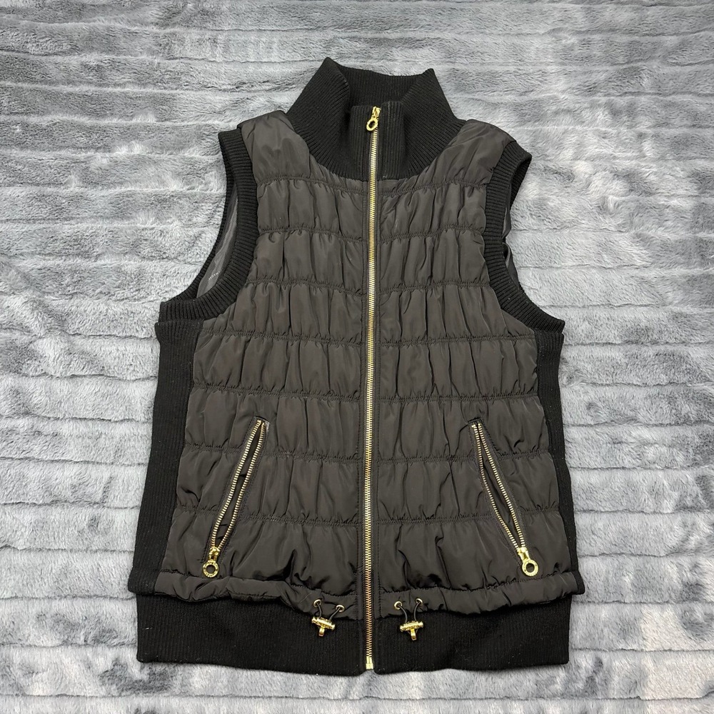 Calvin Klein Performance Black Puffer Vest Ribbed Knit Trim Gold Zip Large 8805